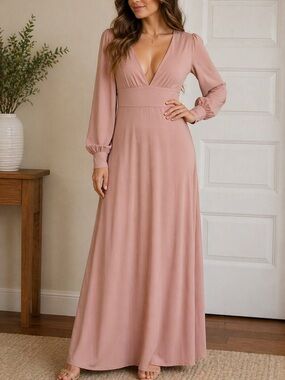 Halara Blush Pink Long Sleeve Maxi Dress Deep V Neck Flowy NWT Size L F257